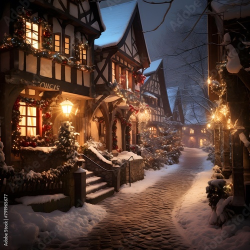 Winter street with houses at night in Bavaria, Germany. Festive Christmas decorations and lights.