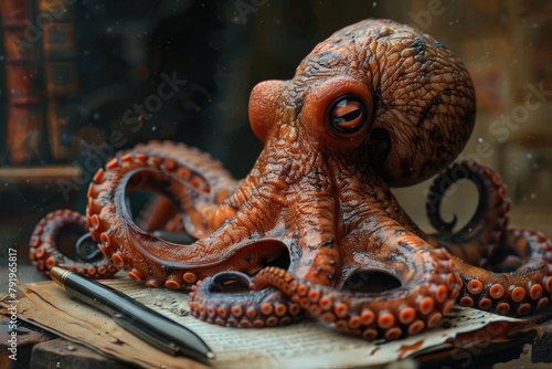 octopus character holding pen