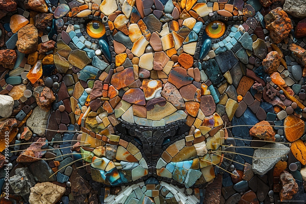 A mosaic lion with a stone nose and a stone mouth
