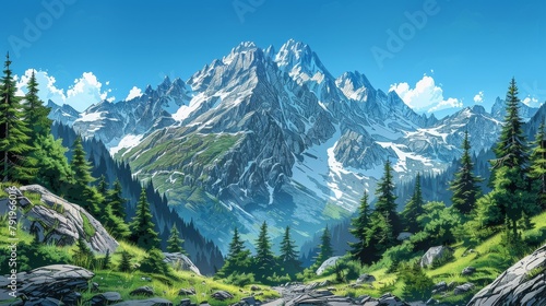 Place: A coloring book illustration of a majestic mountain peak