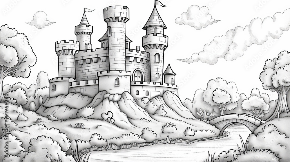 Fototapeta premium Place: An enchanting coloring book illustration of a fairy-tale castle perched on a hill