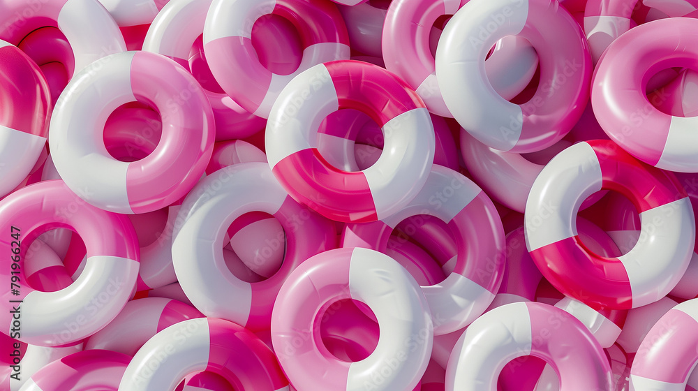 summer beach or swimming pool, set of funny colorful pink swim rings summer beach or swimming pool, set of funny colorful pink swim rings
