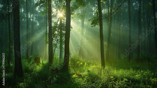 Tranquil forest scene on a misty morning with sun