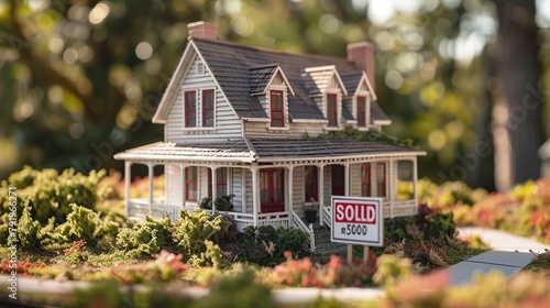There is a small gold-colored model house sitting on a wooden table next to 5 stacks of pennies.

 photo