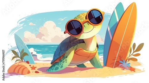 A playful and adorable cartoon turtle sporting sunglasses is depicted on a sunny beach with surfboards in this cheerful 2d illustration Perfect for kids graphic t shirts this design stands o