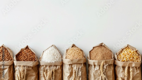 Bags contain various grains staple food from plant seeds photo