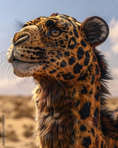 Closeup of the CamelLeopards face, highlighting the unique combination of camellike features with the distinct leopard rosettes, set against a sparse desert background , 3DCG photo