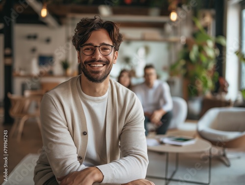 A man with glasses is smiling in a room with a potted plant. The room has a casual and comfortable atmosphere, with a couch and chairs. The man is posing for a picture