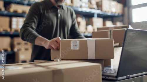 Warehouse Workers Efficiently Packing Boxes With Merchandise For E-Commerce Deliveries.