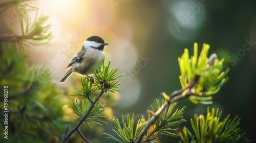 Chickadee perched on a larch branch in an evergreen forest
