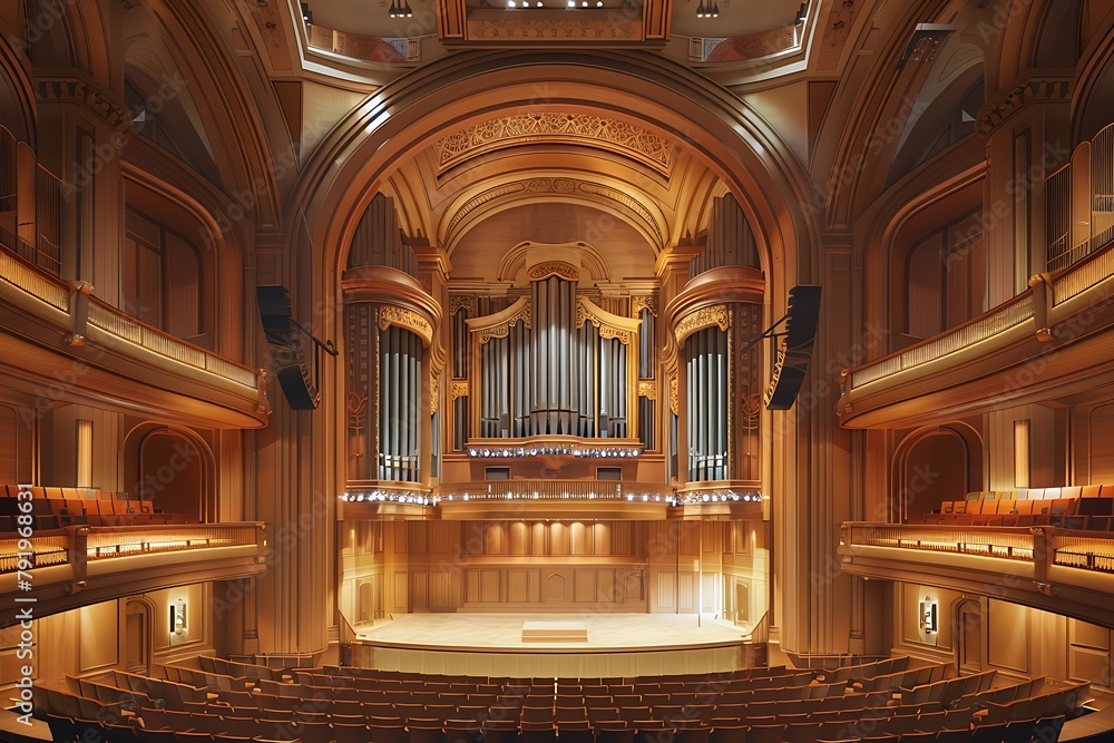 A grand concert hall with a towering stage, plush seating, and detailed architectural features