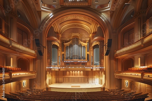 A grand concert hall with a towering stage, plush seating, and detailed architectural features