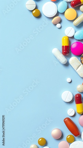 Colorful pills and medicine on a light blue background