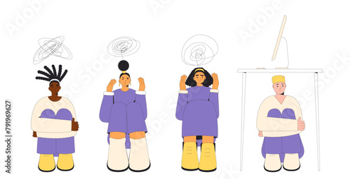 Mental problems characters set. Young people with burnout, confusion and depression isolated on white background. Teenage girls and boy with bad mood. Stressed persons. Vector illustration.