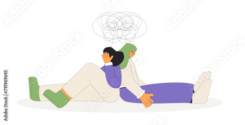 Bad relationship. Conflict. Pair of people during argument. Friends sitting on the floor back to back and take offense isolated on white background. Vector outline illustration