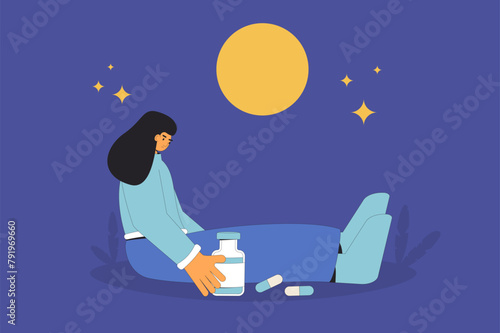Insomnia concept. Tired young woman can't sleep at night. Mental disorder character. Teenage girl with stress. Frustrated person. Vector flat illustration.