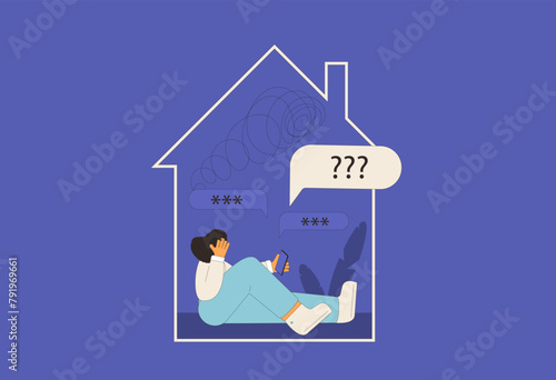 Forgot password concept. Tired young woman can't unlock the phone. Bad memory character. Teenage girl with stress. Frustrated person. Vector outline illustration.