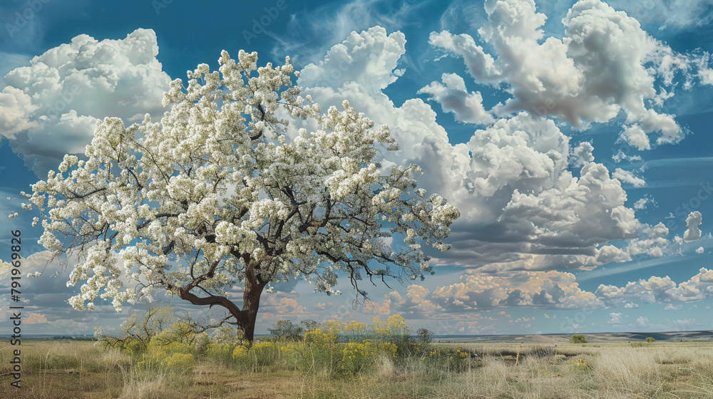 Eastern Cottonwood tree in full bloom its delicate white flowers dancing in the breeze, filling