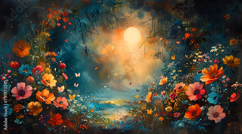 Mystical Garden Symphony: Oil Painting of Fairies and Creatures Among Flowers