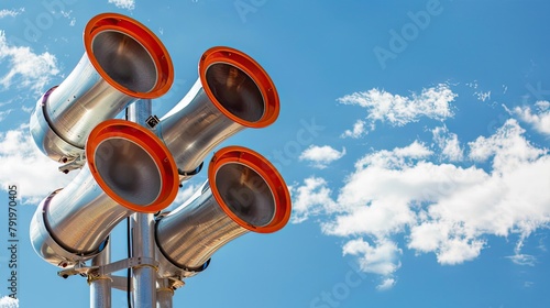 A row of red and white speakers against an azure sky