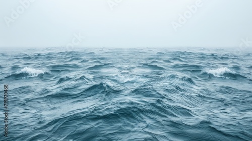  A vast expanse of water, dotted with waves in the foreground, and a background shrouded in foggy secrecy