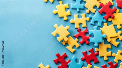 Colorful Puzzle Pieces on Light Blue Background Generative AI