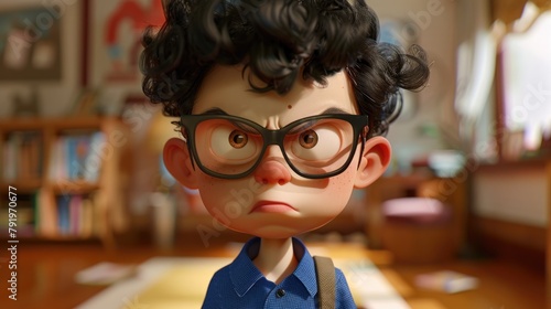 An animated young boy playing the role of a teacher sporting a visibly intense and displeased expression