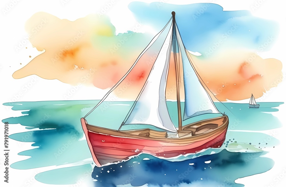 Fototapeta premium Drawing of a ship sailing on the sea, done in watercolor style, isolated multicolored background, beautiful postcard