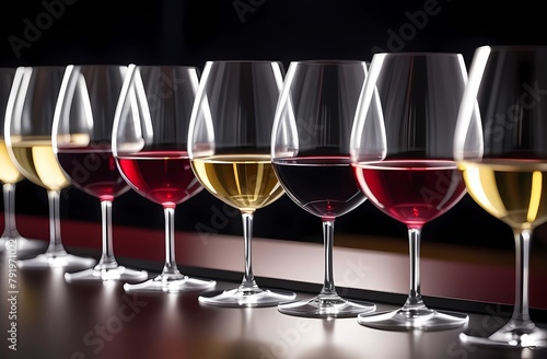 Tastefully selected glasses of red, rosé and white wine, a large selection of wine to suit all tastes photo