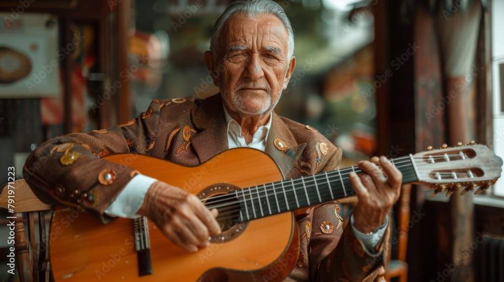 Elderly Man in Suit Performing Traditional Spanish Guitar Music Generative AI
