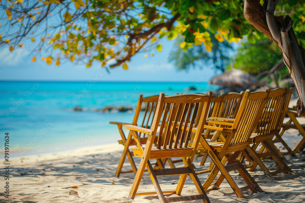 tropical vacation concept. Colorfull wooden chairs sunbeds on the sandy beach. High quality photo tropical vacation concept. Colorfull wooden chairs sunbeds on the sandy beach. High quality photo