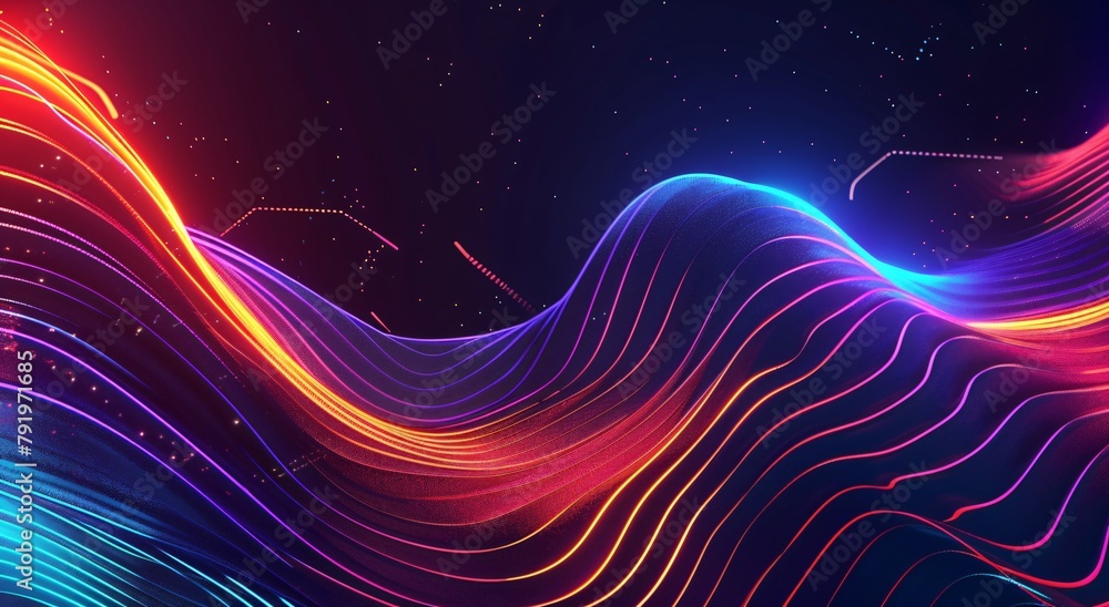 Fototapeta premium Abstract background with colorful glowing lines, dark black gradient background 