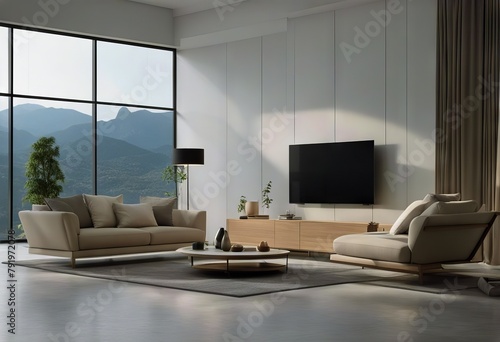 Looking room 3d large room beige concrete wallFinished see color renderThere out style furniture living windows scenery white Minimal has floor photo