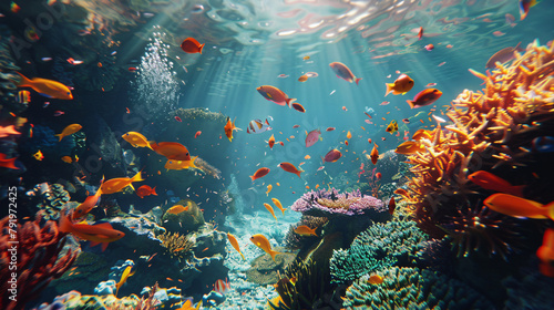 Underwater landscape colourful fish swim in coral