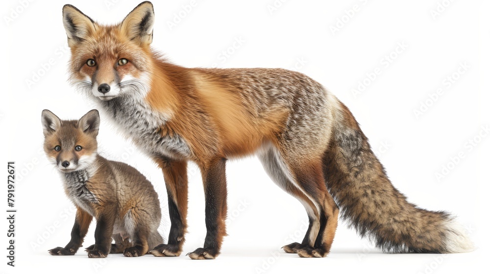   Two foxes face each other against a pristine white backdrop A tiny fox kit sits in the foreground