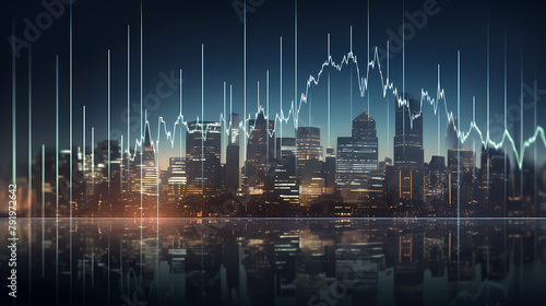 Stock market chart with city skyline background