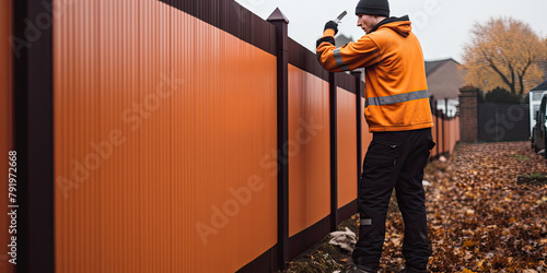 A man diligently works on a wooden fence, his hands busy crafting each plank with care and precision.