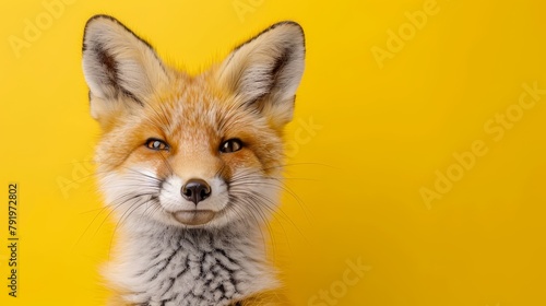   A Fox's serious face, closely framed against a yellow backdrop Eyes locked onto the camera