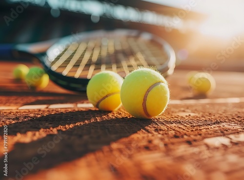 Closeup of tennis balls and racket on the clay court