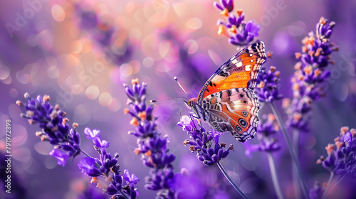 beautiful butterfly resting on lavender on blurred lavender field background, close up