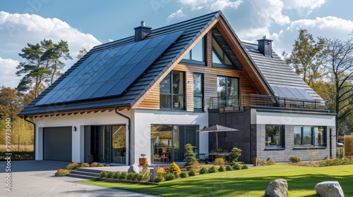 Modern Eco-Friendly Passive House with Solar Panels Generative AI