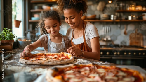 Mother with daughter make pizza together in the kitchen. Family bonding concept. 