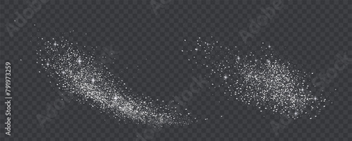 Glittering stars with golden shimmering swirls, shiny glitter design. Magical motion, sparkling lines on a black background.