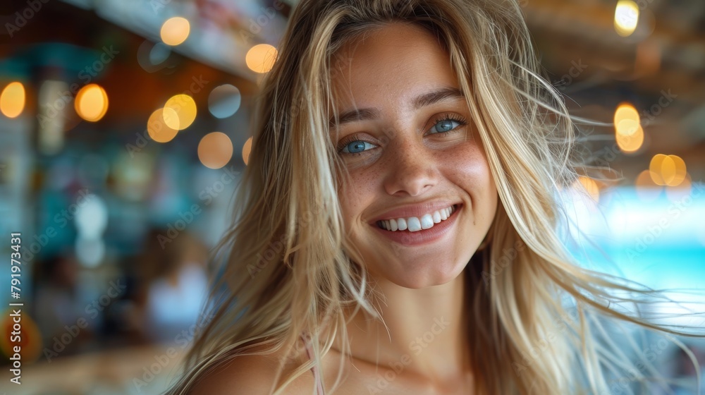 Joyful Woman Dancing at Beach Bar during Summer Vacation Generative AI Joyful Woman Dancing at Beach Bar during Summer Vacation Generative AI