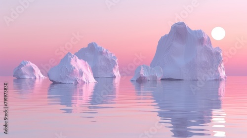   A collection of icebergs afloat on a waterbody, framed by a rosy-hued sky photo