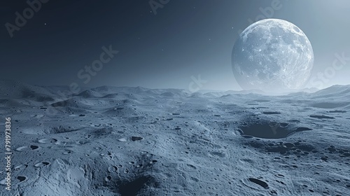   An artist's depiction of the moon's surface displaying a moonscape with human footprints