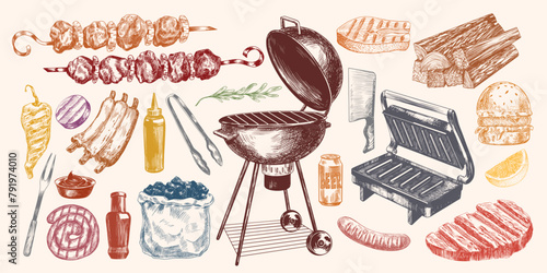 Set of barbecue equipment. Hand drawn collection of bbq tool and food. Outdoor grill. Sketch style fried meat, shish kebab, fish, ribs, sausages, steak, grilled vegetables. Summer outdoor eating