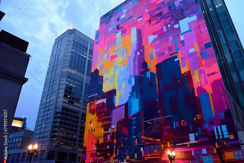  A mural of an abstract cityscape at night on a tall building