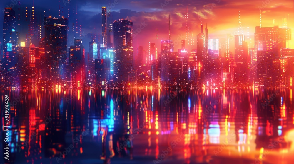 A beautiful painting of a futuristic city with bright lights reflecting off the water in an abstract style.