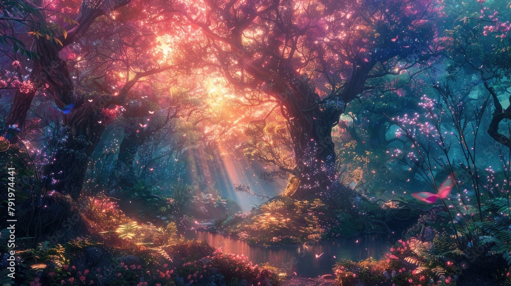 A beautiful painting of a lush forest with a stream running through it. The trees are tall and majestic, and the leaves are a vibrant green. The sun is shining brightly, and there is a feeling of peac A beautiful painting of a lush forest with a stream running through it. The trees are tall and majestic, and the leaves are a vibrant green. The sun is shining brightly, and there is a feeling of peac